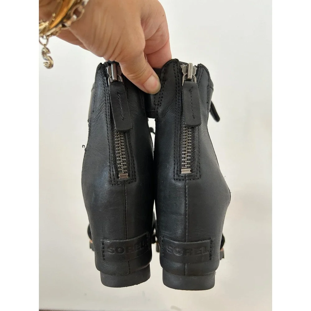 Sorel Joanie Lace Sandals Women 8.5 Black Leather Gorpcore Wedge Heels